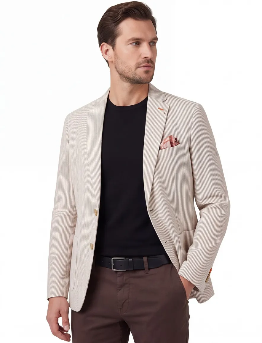 beige gestreept colbert A Fish Named Fred slim fit