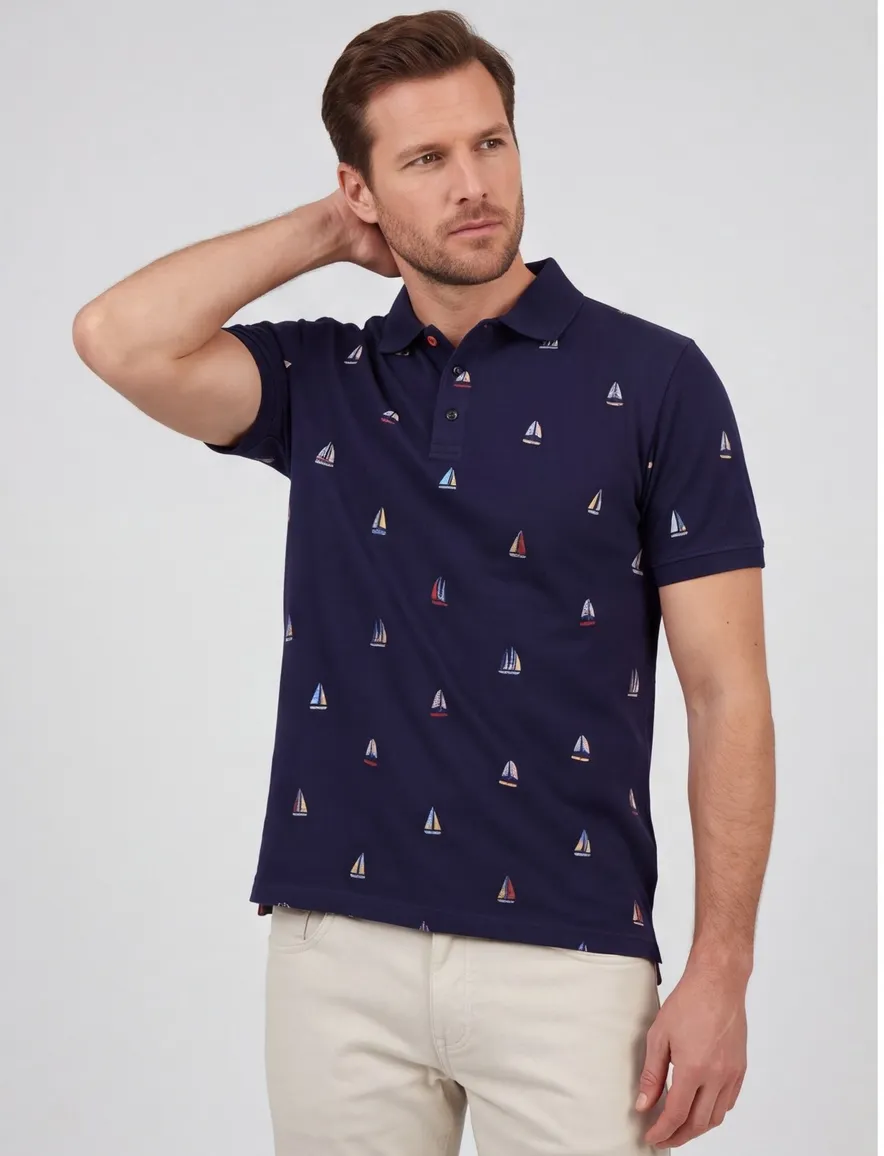 donkerblauw print polo A Fish Named Fred slim fit