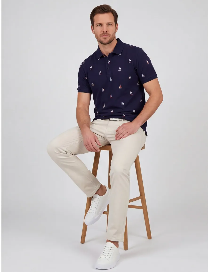 donkerblauw print polo A Fish Named Fred slim fit