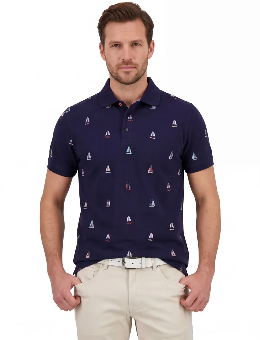 donkerblauw print polo A Fish Named Fred slim fit