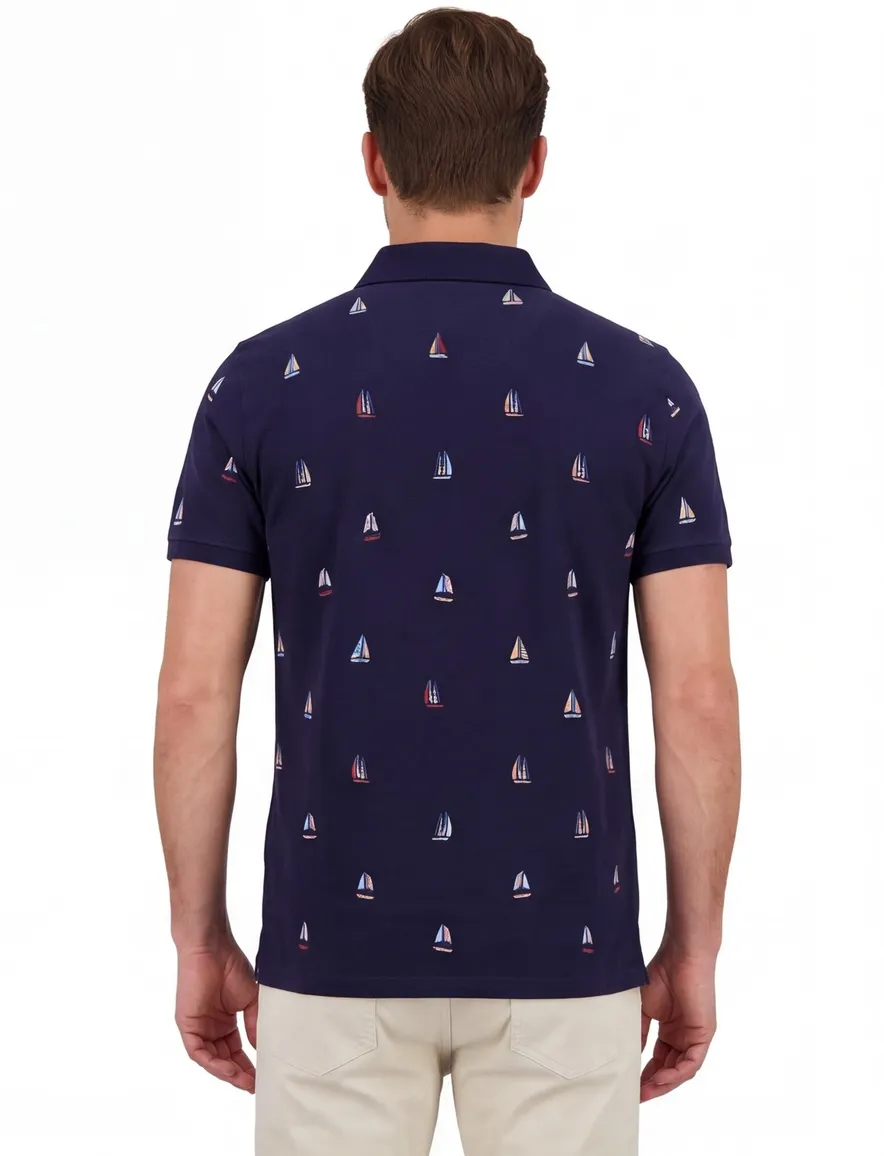 donkerblauw print polo A Fish Named Fred slim fit