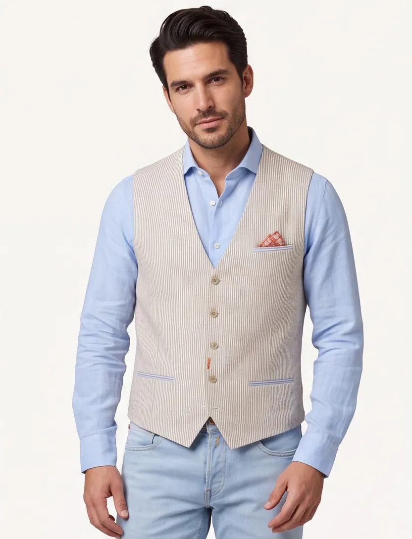 gilet A Fish Named Fred beige gestreept linnen normale fit