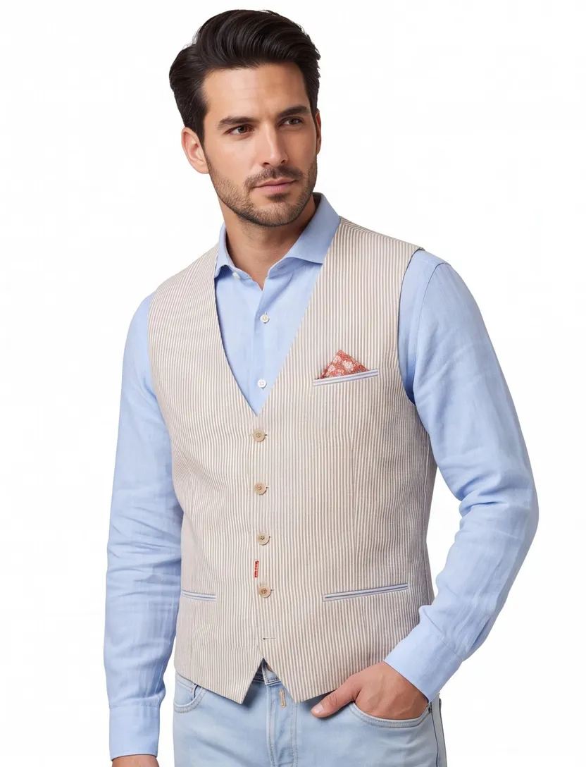 gilet A Fish Named Fred beige gestreept linnen normale fit