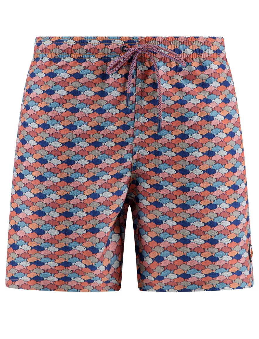 A Fish Named Fred zwembroek rood oranje blauw graphic fish print