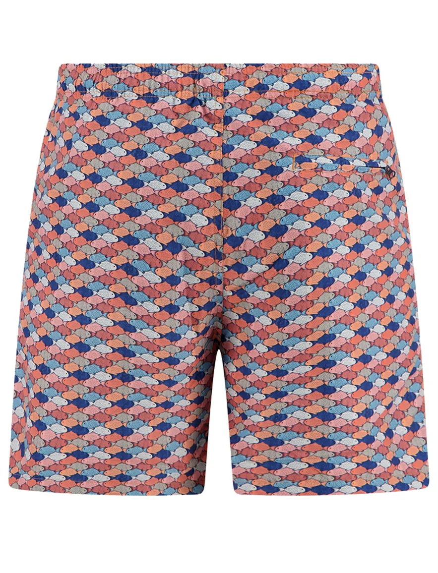 A Fish Named Fred zwembroek rood oranje blauw graphic fish print