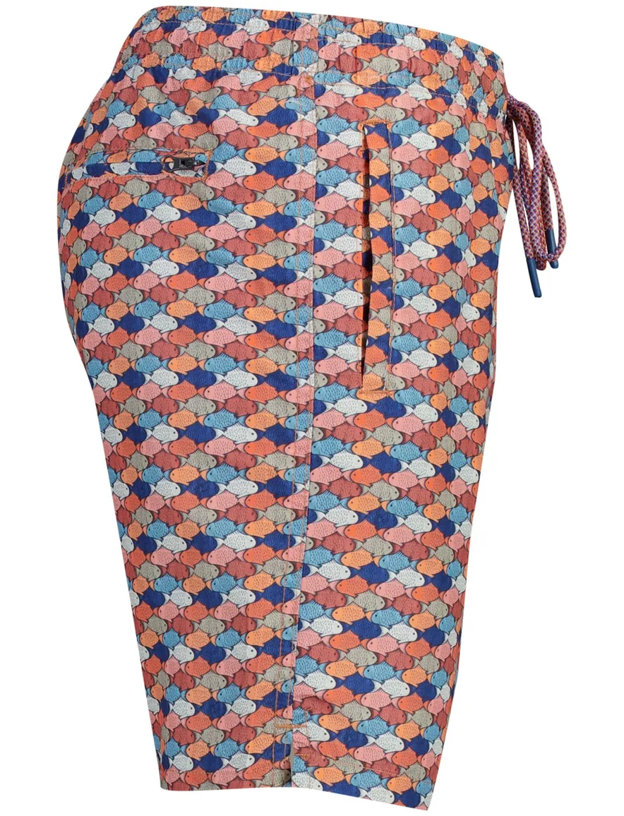 A Fish Named Fred zwembroek rood oranje blauw graphic fish print