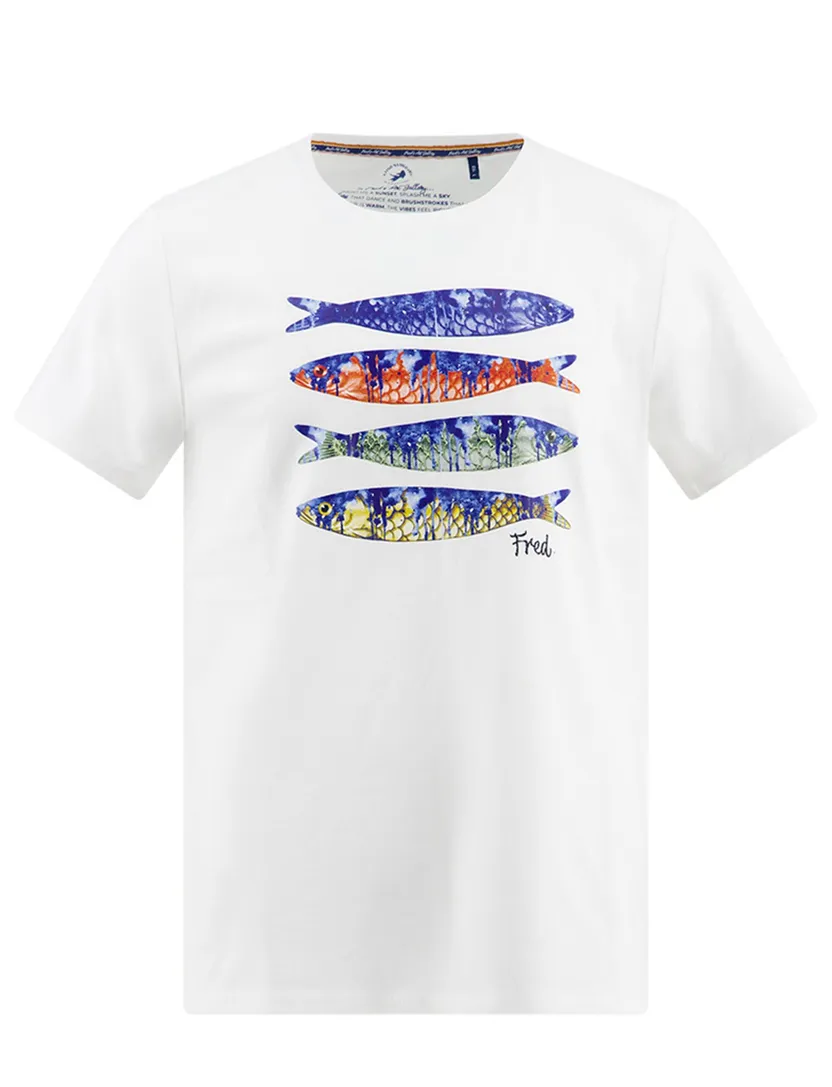 T-shirt ronde hals wit A Fish Named Fred met vis opdruk katoen