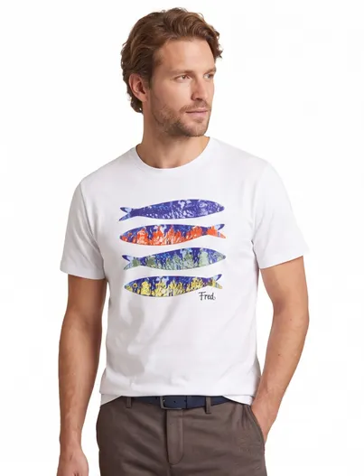 A Fish Named Fred T-shirt ronde hals wit A Fish Named Fred met vis opdruk katoen