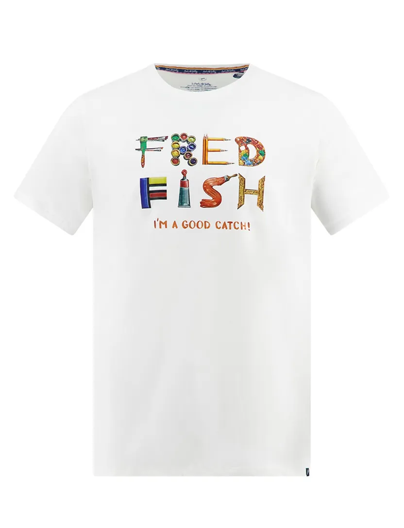 T-shirt wit met opdruk A Fish Named Fred katoen korte mouw