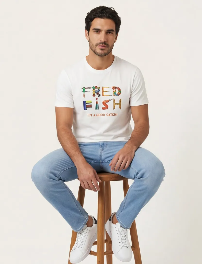 T-shirt wit met opdruk A Fish Named Fred katoen korte mouw