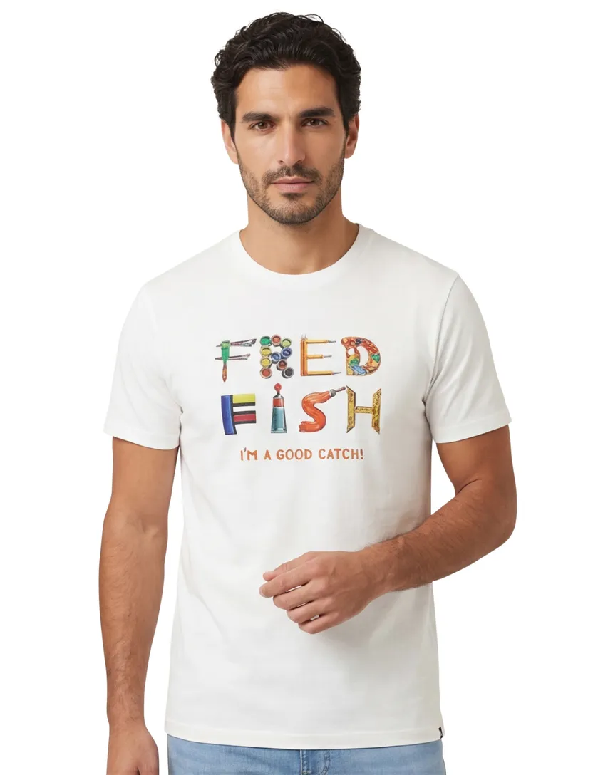 T-shirt wit met opdruk A Fish Named Fred katoen korte mouw