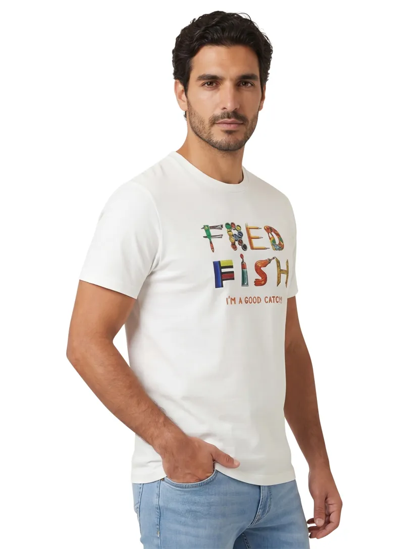 T-shirt wit met opdruk A Fish Named Fred katoen korte mouw