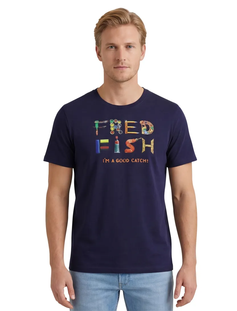 T-shirt korte mouwe A Fish Named Fred donkerblauw met opdruk katoen