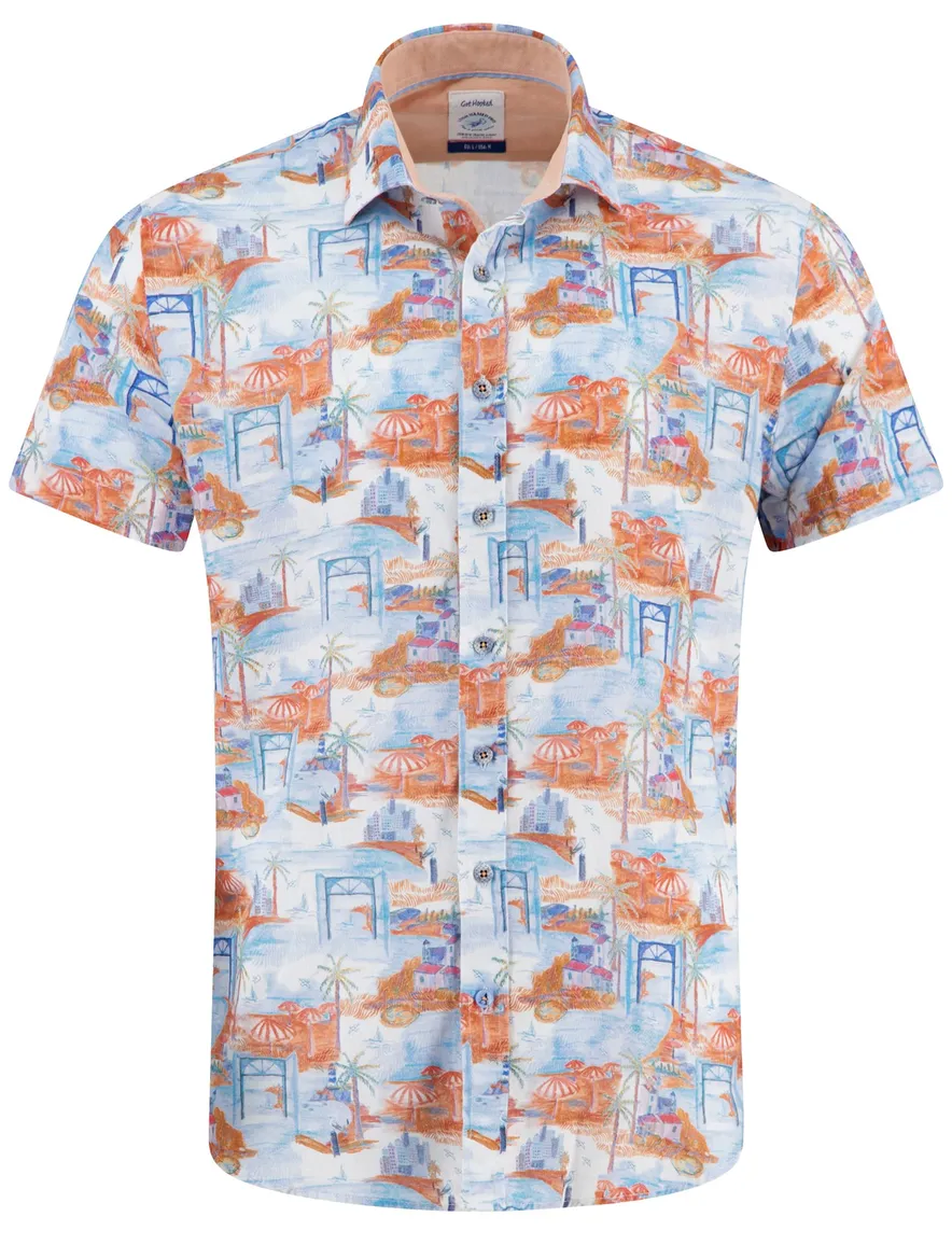 A Fish Named Fred overhemd korte mouw oranje blauw semi-wide collar