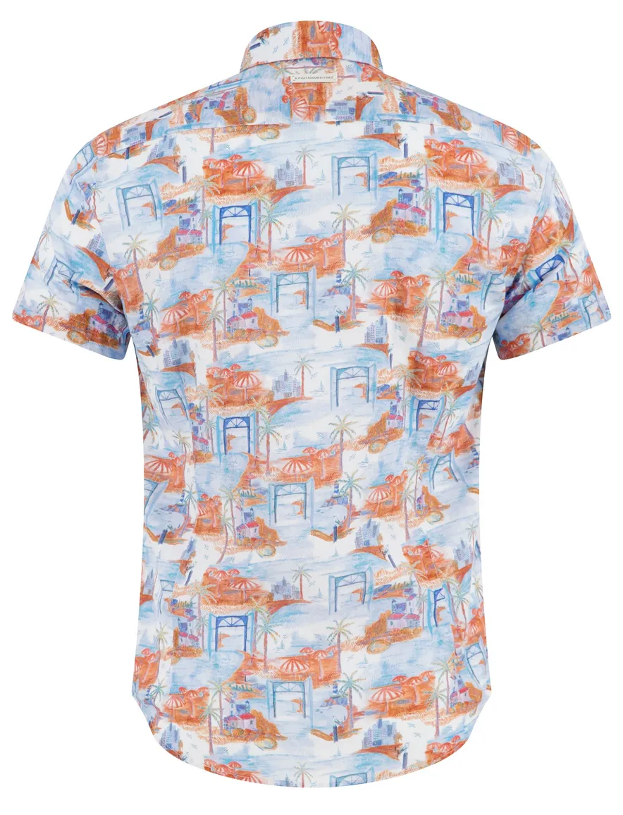 A Fish Named Fred overhemd korte mouw oranje blauw semi-wide collar