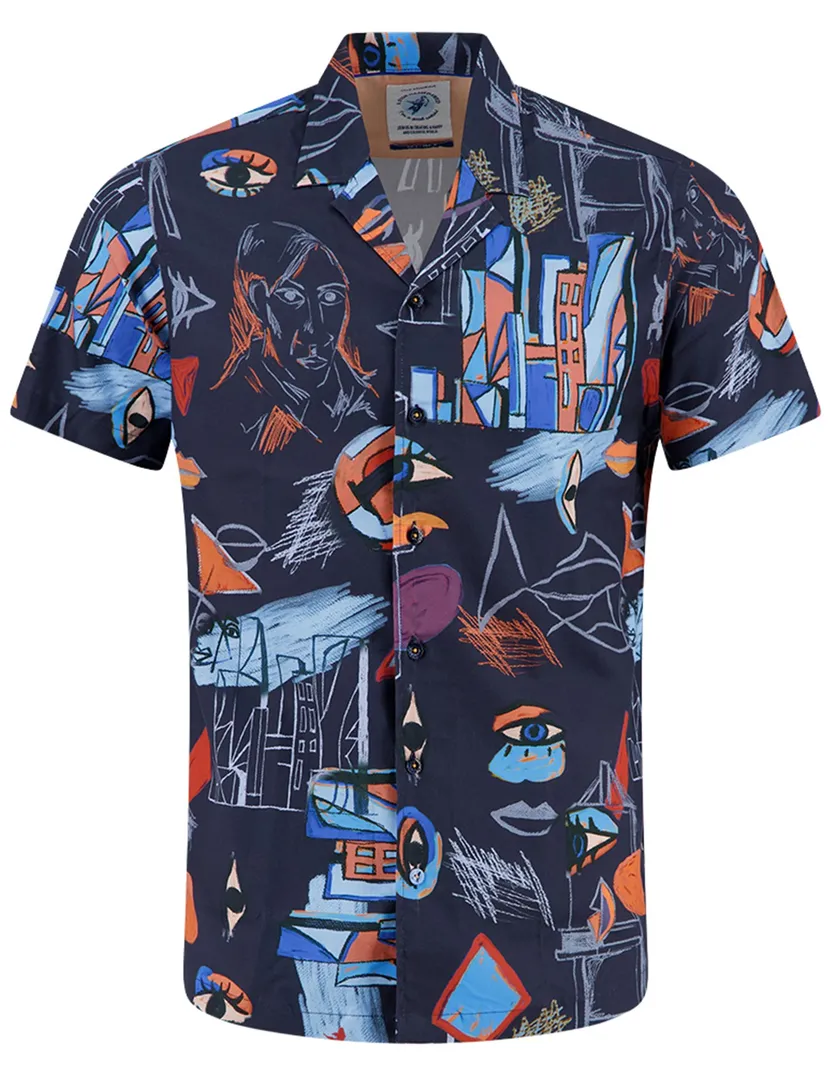 overhemd donkerblauw geprint A Fish Named Fred korte mouw
