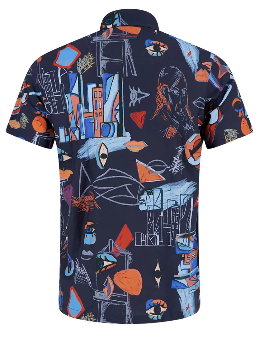 overhemd donkerblauw geprint A Fish Named Fred korte mouw