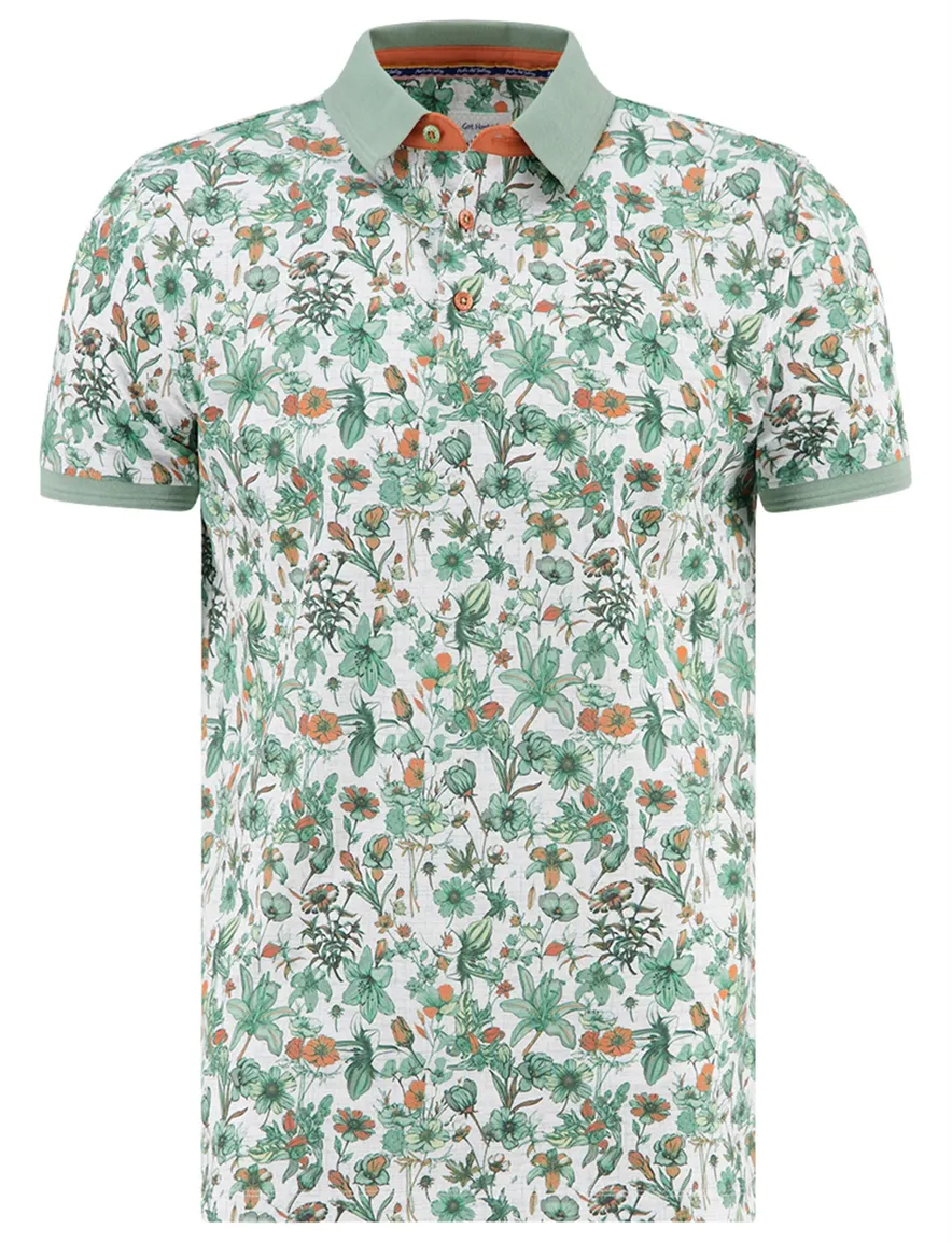 groene polo A Fish Named Fred geprint bloemen 3-knoops