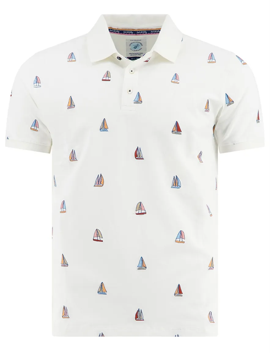 polo korte mouw A Fish Named Fred wit zeilbootjes geprint