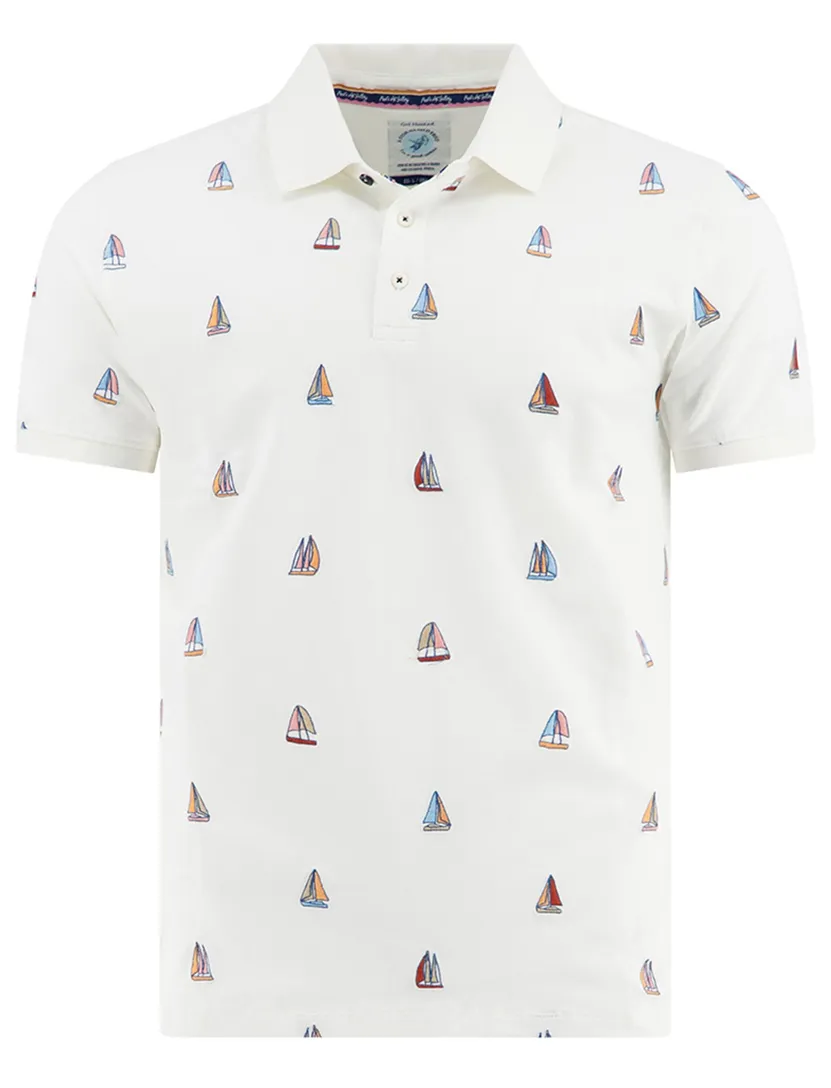 polo wit met geprinte zeilbootjes A Fish Named Fred 3-knoops