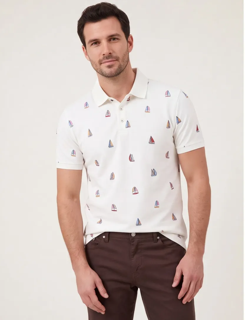 polo wit met geprinte zeilbootjes A Fish Named Fred 3-knoops