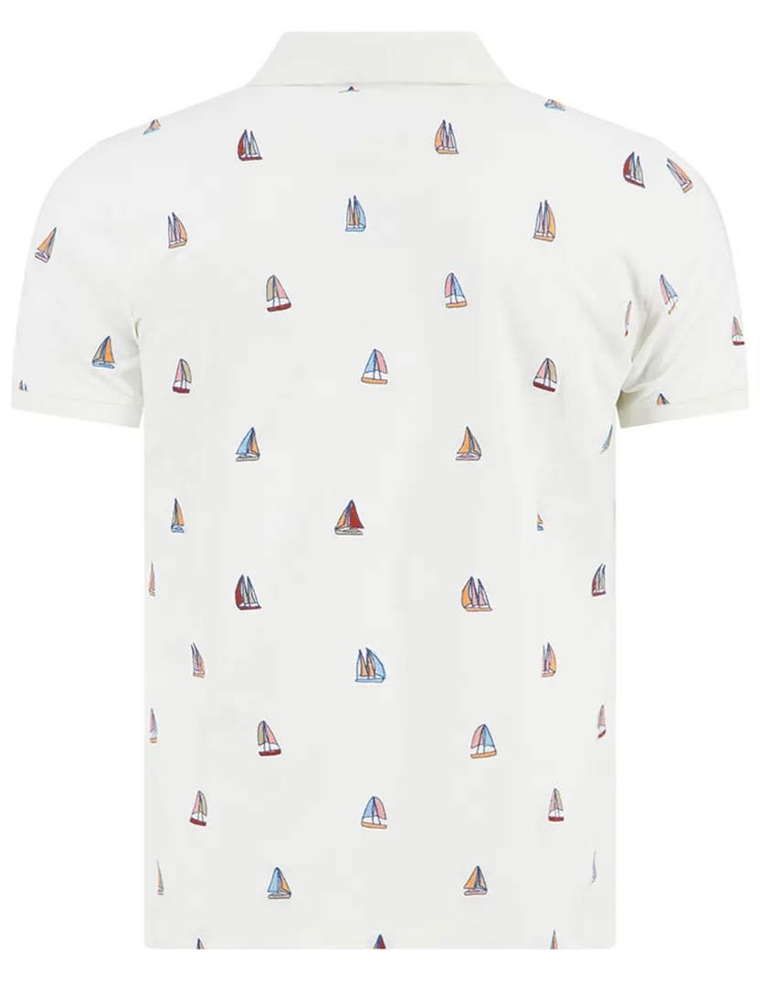 polo wit met geprinte zeilbootjes A Fish Named Fred 3-knoops