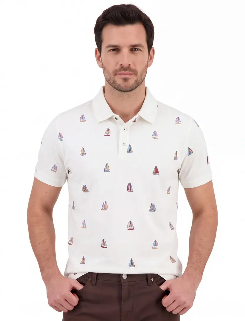 polo wit met geprinte zeilbootjes A Fish Named Fred 3-knoops
