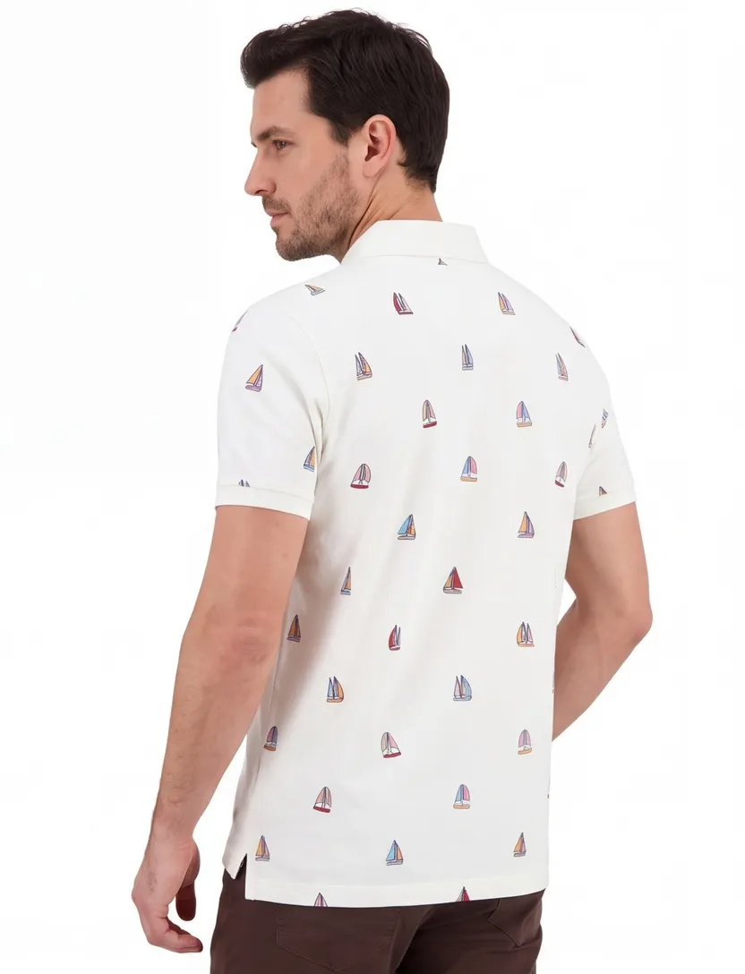 polo wit met geprinte zeilbootjes A Fish Named Fred 3-knoops