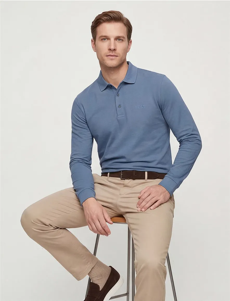 Poloshirt Boss Black Pado lange mouw 3 knoops blauw