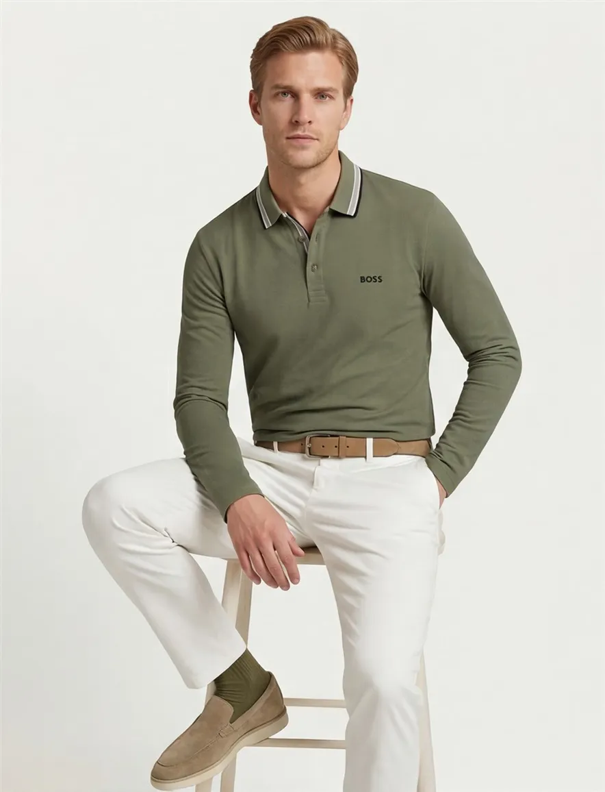 green poloshirt Boss Green Plisy 100% katoen pique lange mouw