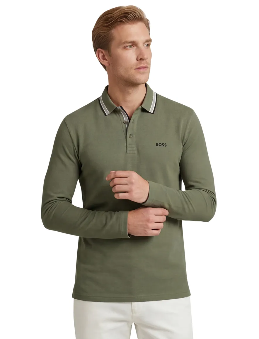 green poloshirt Boss Green Plisy 100% katoen pique lange mouw