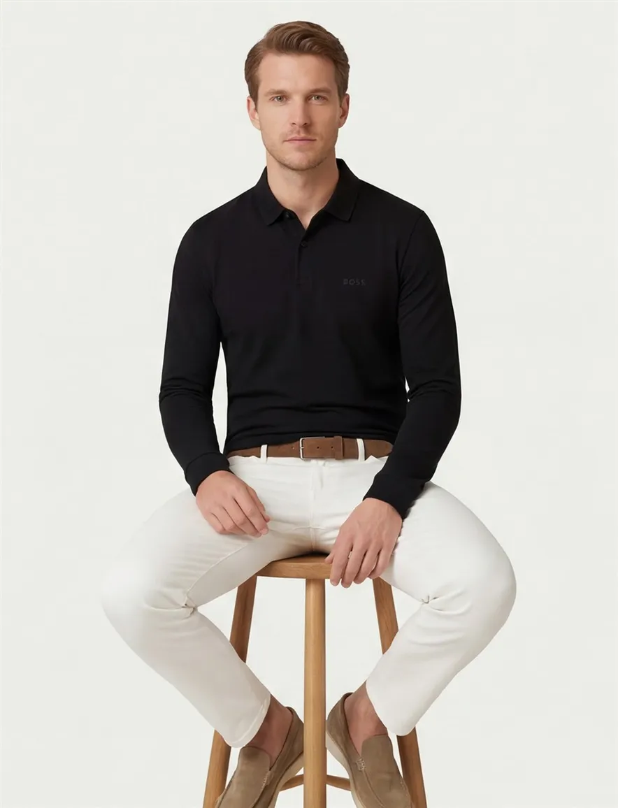 BOSS Green Pirol polo effen zwart lange mouw