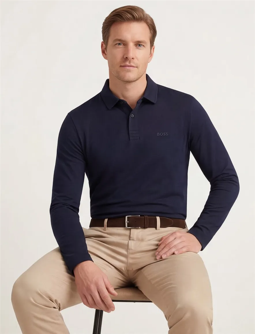 BOSS Green Pirol donkerblauw polo effen lange mouw