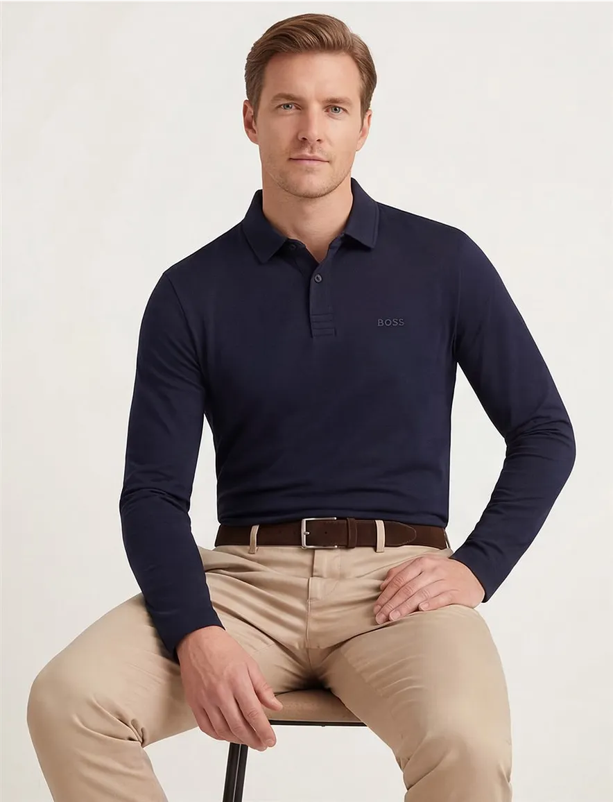 Poloshirt Boss Green Piro lange mouw luxury cotton navy
