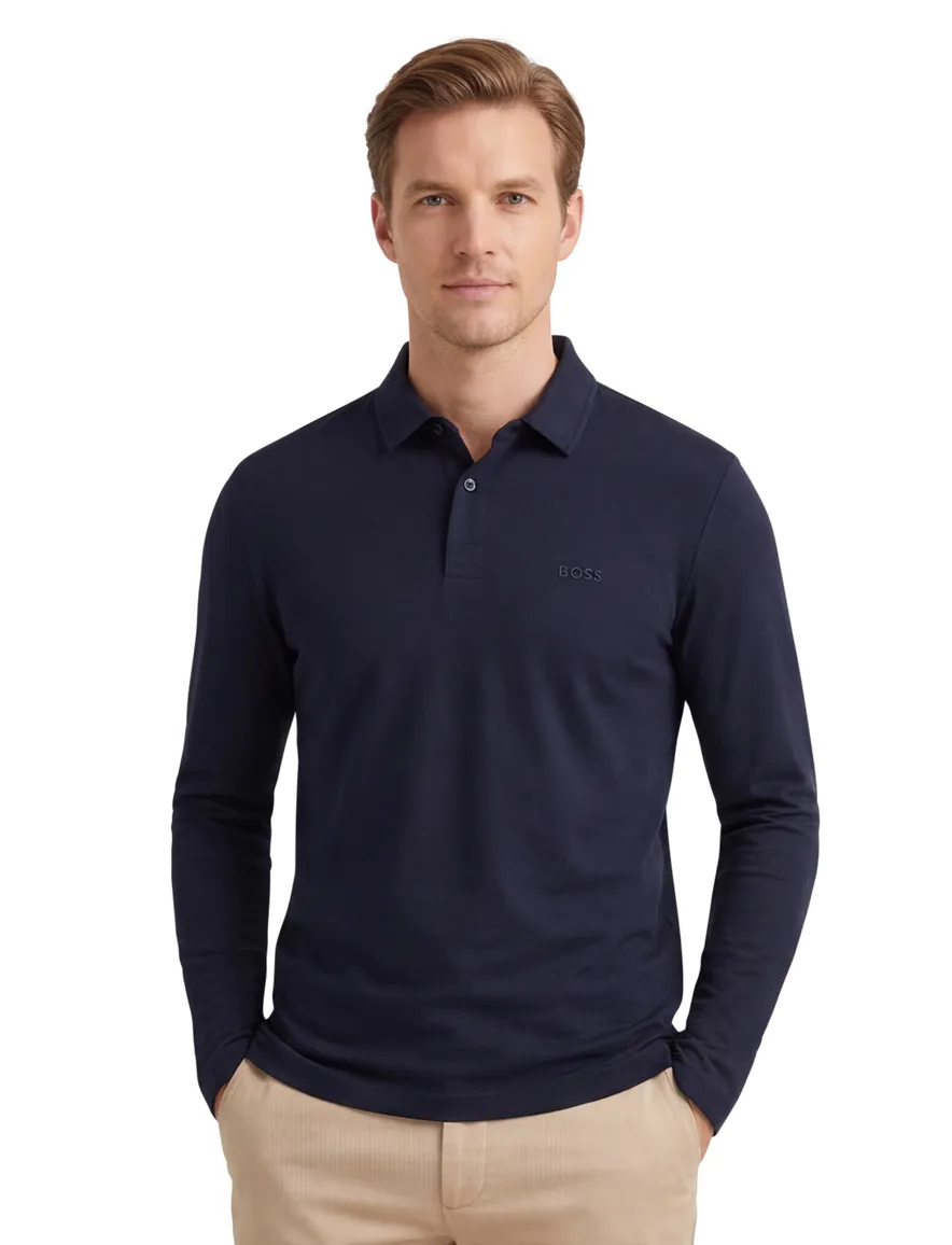 BOSS Green Pirol donkerblauw polo effen lange mouw