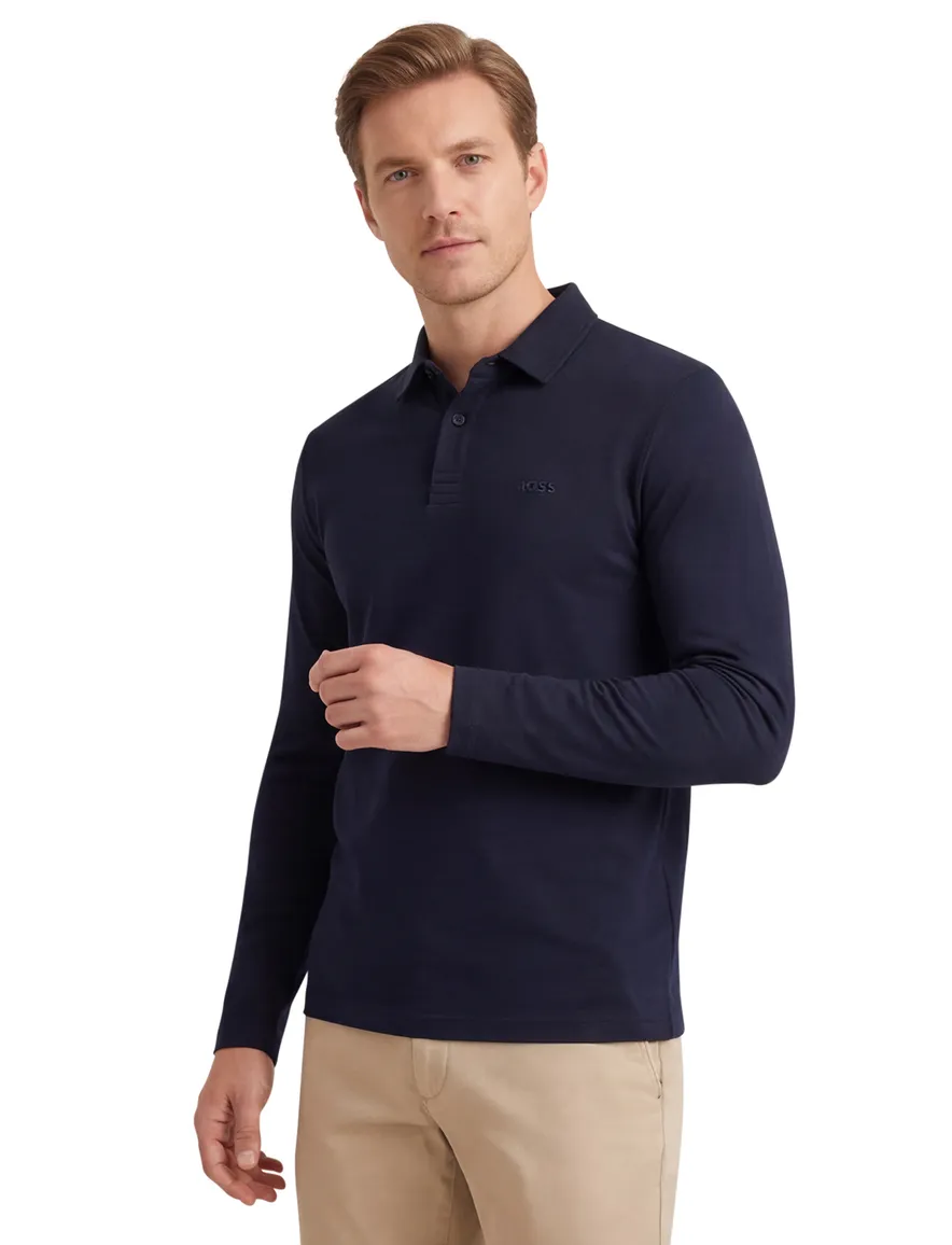 BOSS Green Pirol donkerblauw polo effen lange mouw