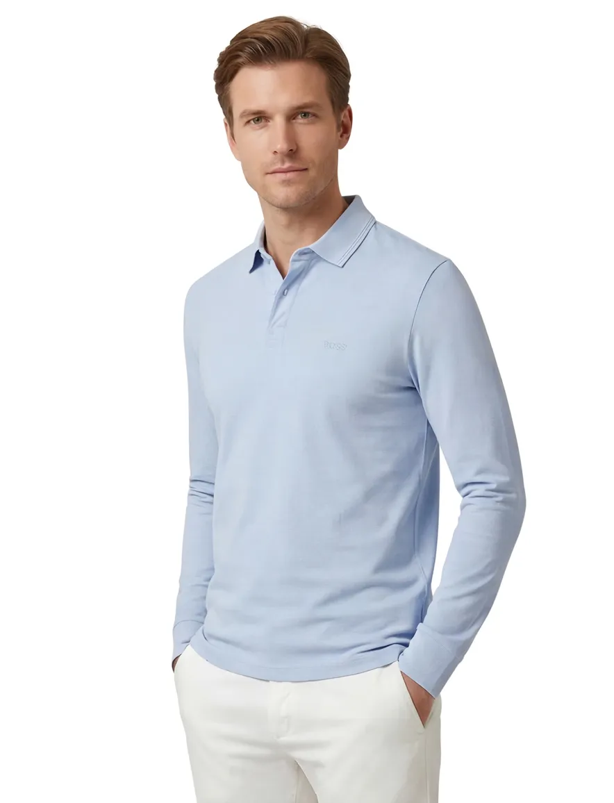 BOSS Green Pirol polo lichtblauw effen lange mouw
