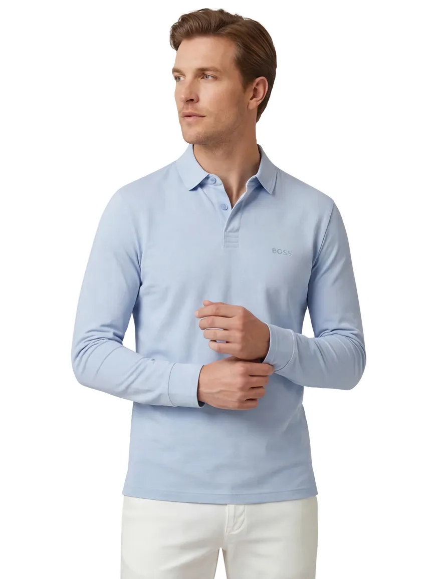 BOSS Green Pirol polo lichtblauw effen lange mouw