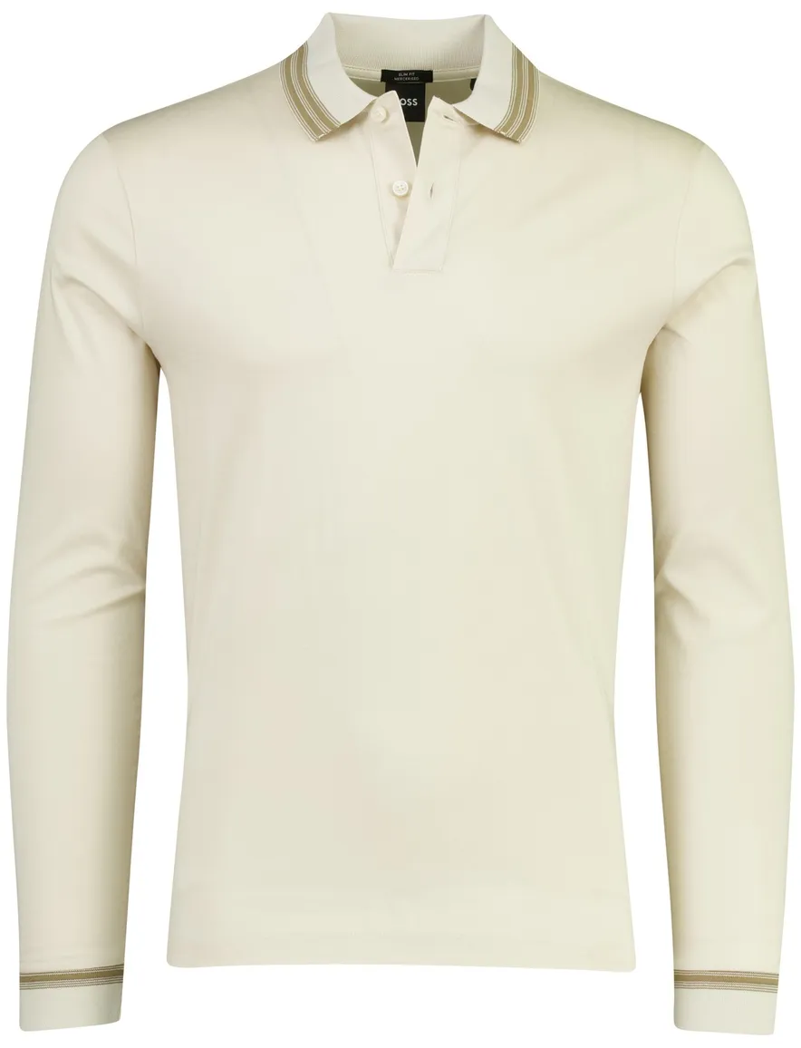 Poloshirt Boss Black H-pleins Slim Fit lange mouw creme 2-knoops