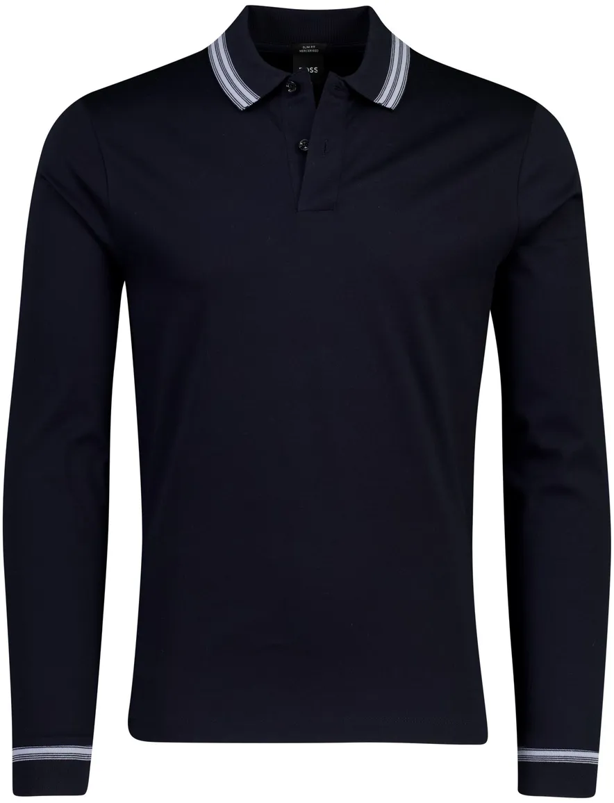 Poloshirt Boss Black H-pleins Slim Fit lange mouw navy 2-knoops