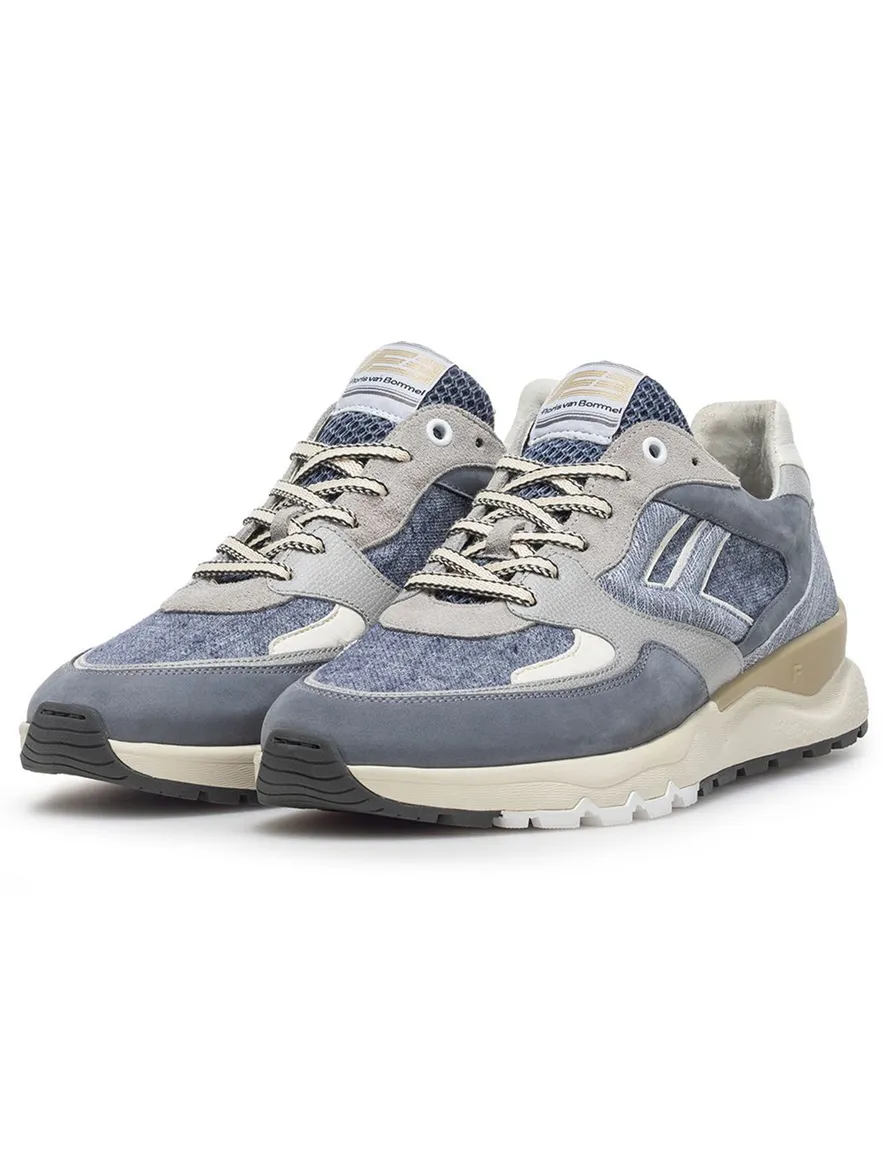 Sneaker Van Bommel blauw leer geprint met stoere zool