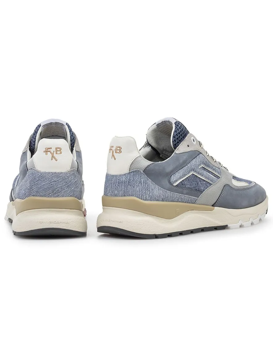 Blauwe Van Bommel sneaker leer met print en robuuste zool
