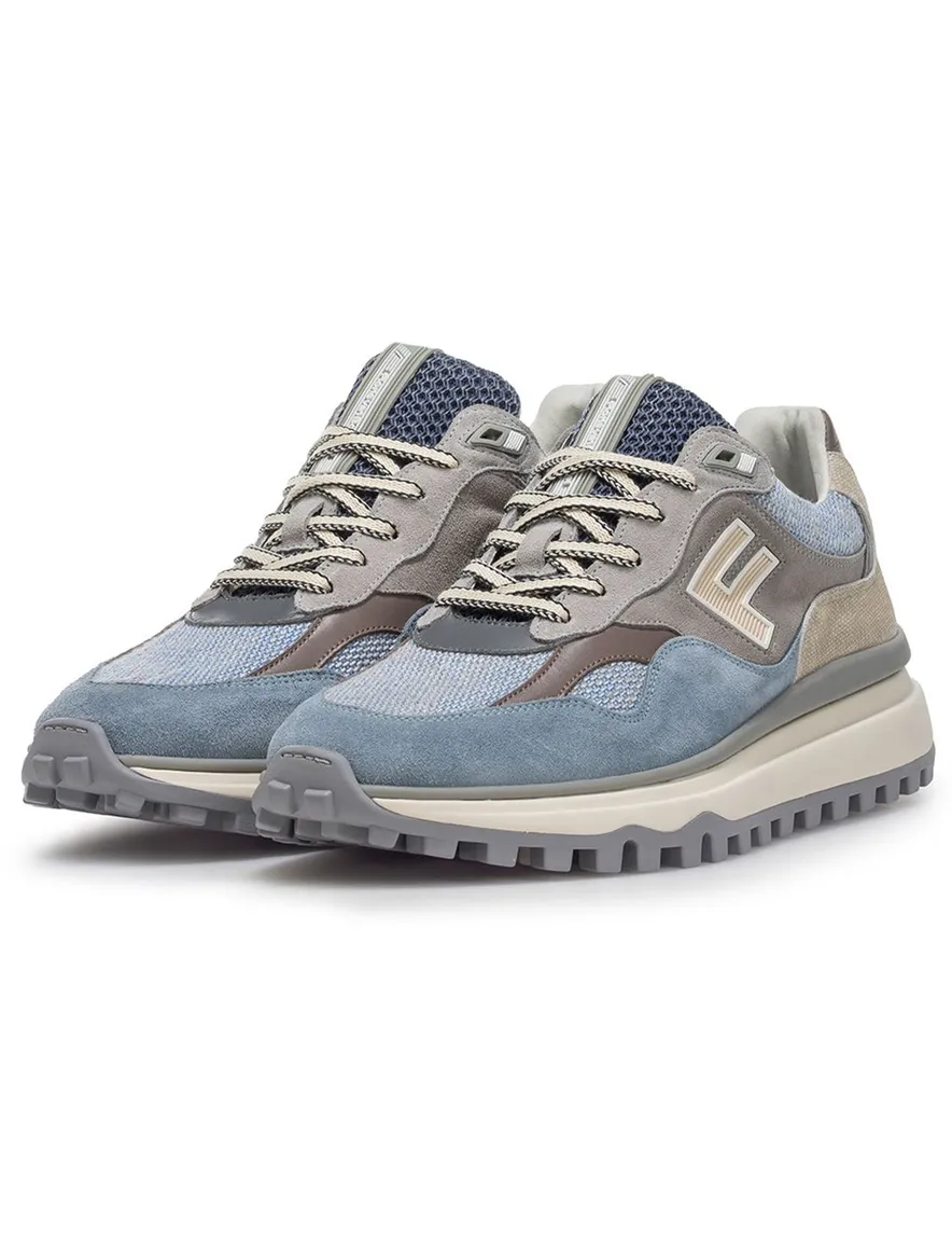Sneaker Van Bommel blauw textiel geprint met lichte zool