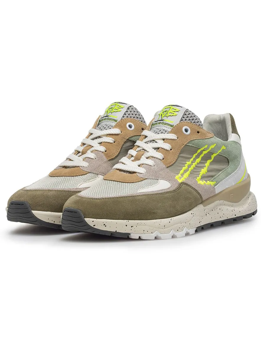 Sneaker Van Bommel olijfgroen textiel geprint met zool