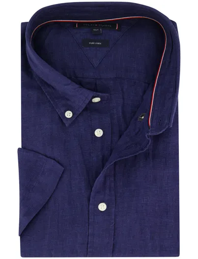 Tommy Hilfiger Tommy Hilfiger Big & Tall donkerblauw linnen overhemd korte mouw