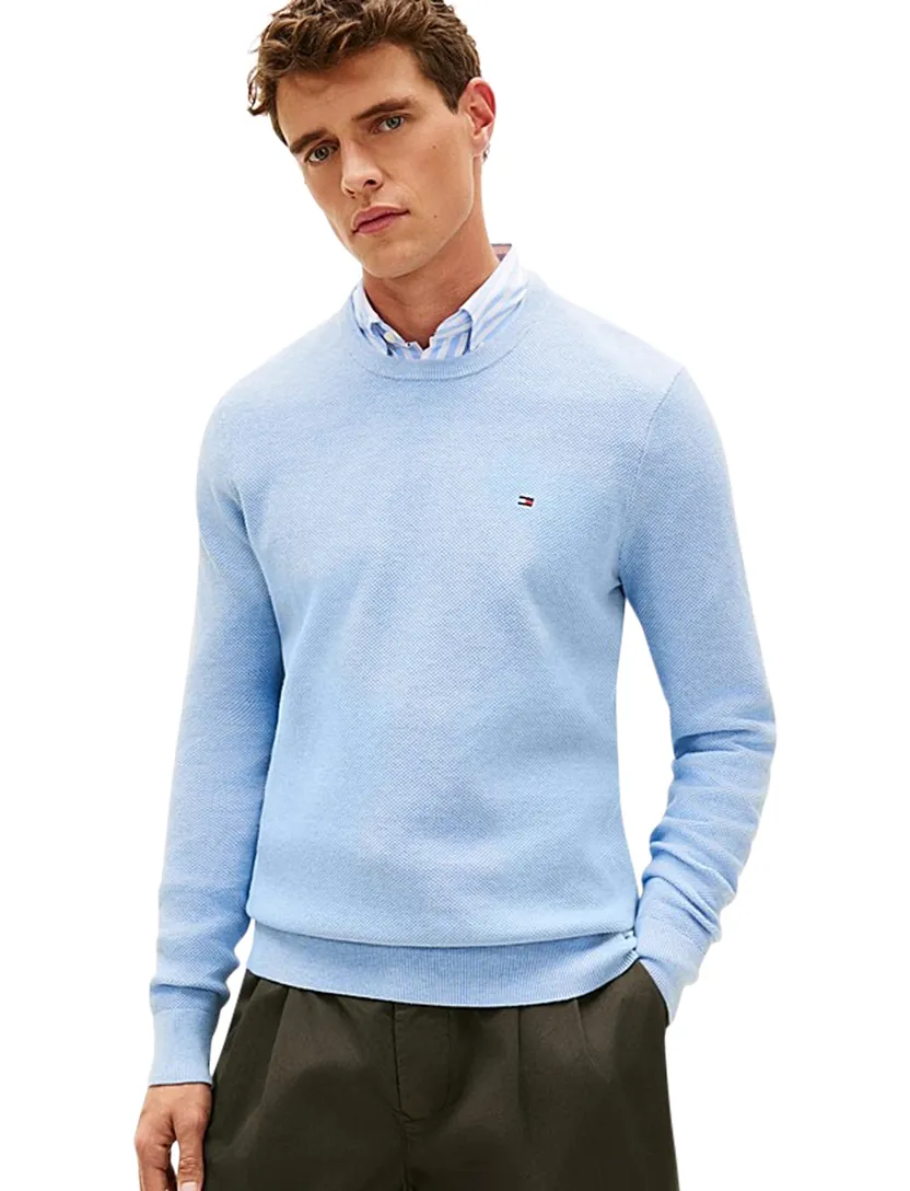 lichtblauw structuur trui Tommy Hilfiger ronde hals gemêleerd