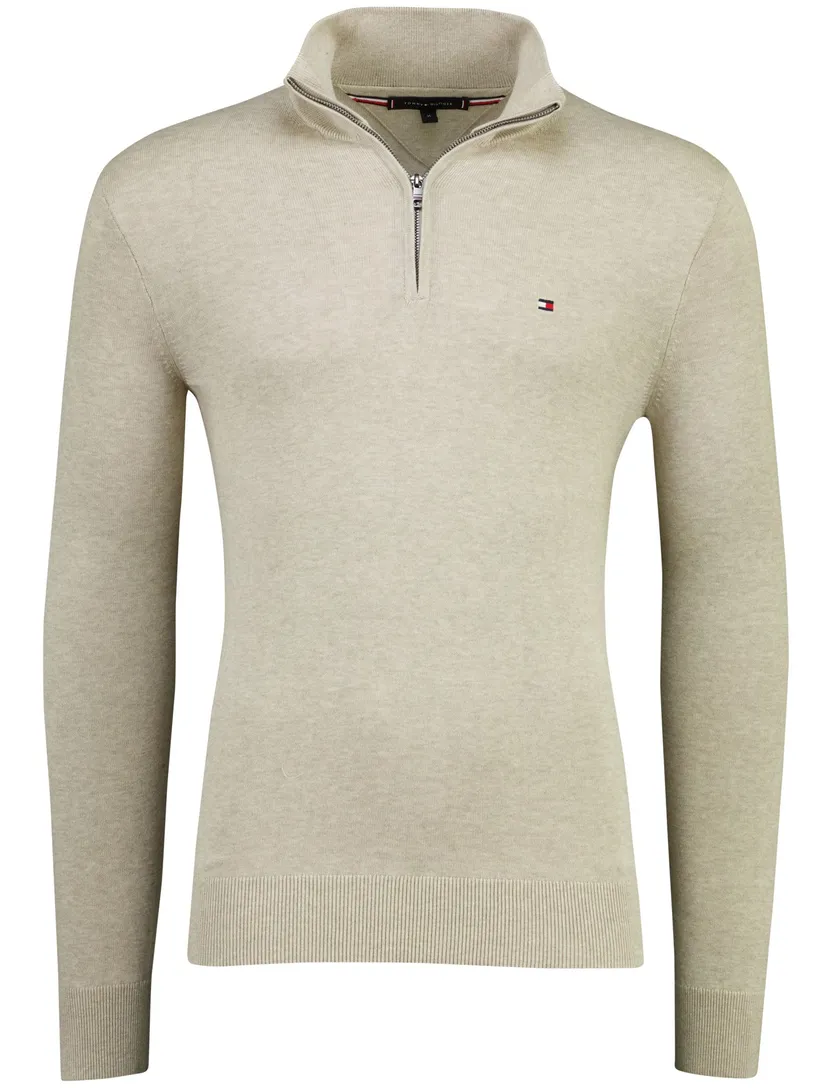 beige gemêleerd trui Tommy Hilfiger half-zip 100% katoen