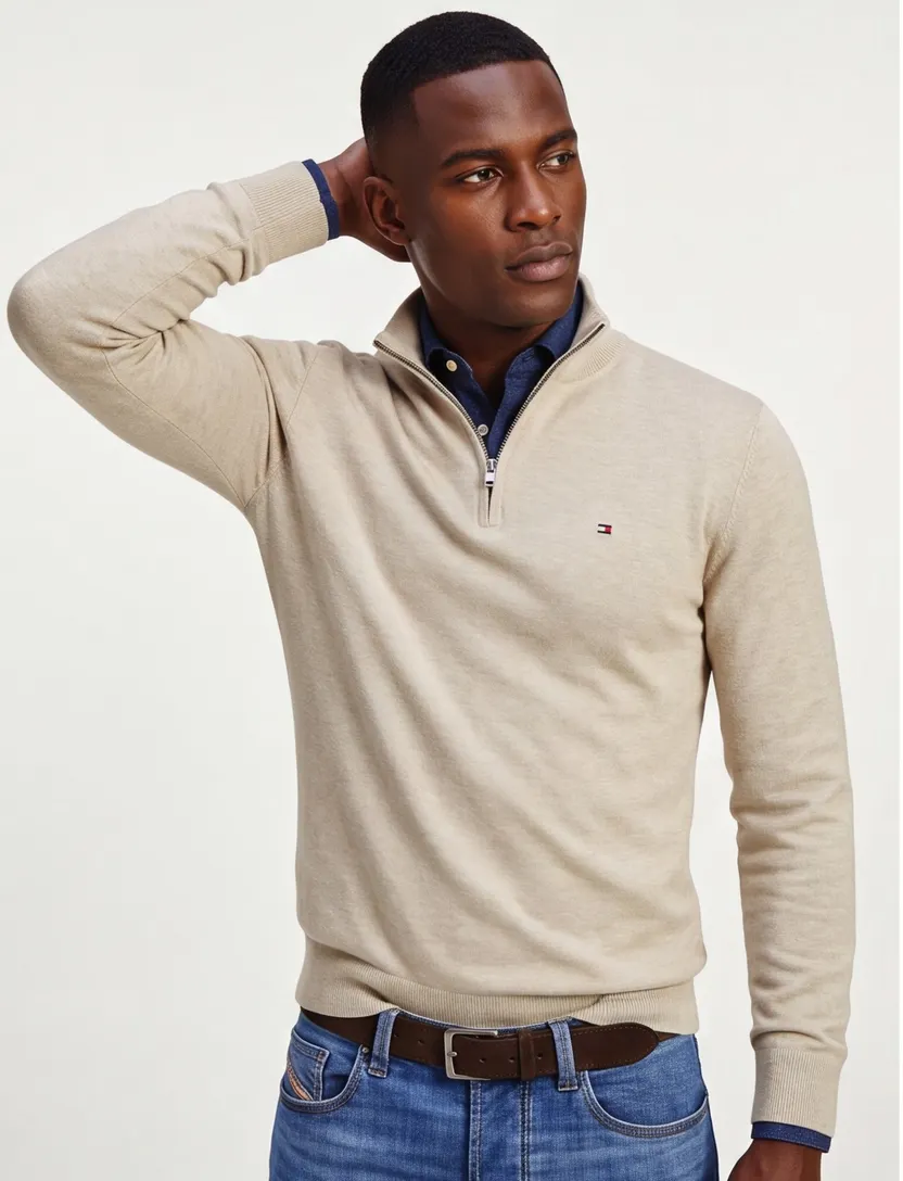 beige gemêleerd trui Tommy Hilfiger half-zip 100% katoen