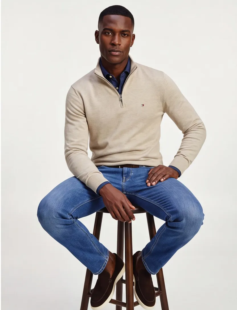 beige gemêleerd trui Tommy Hilfiger half-zip 100% katoen