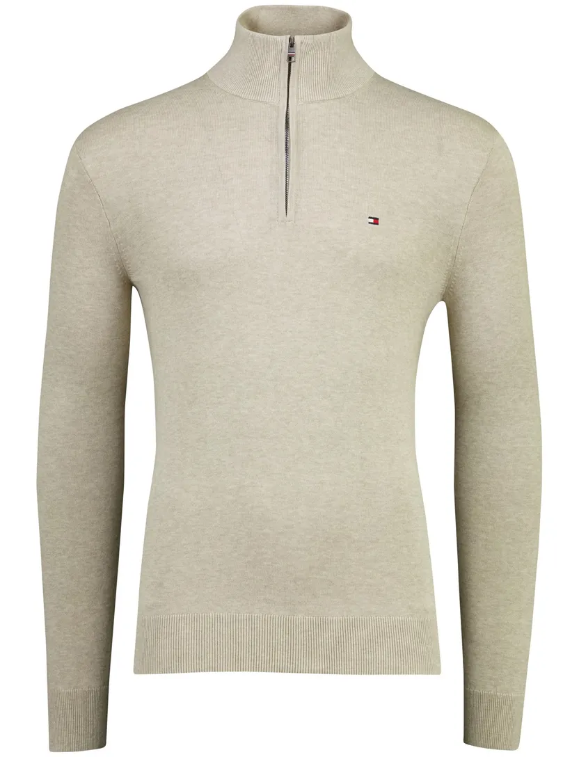 beige gemêleerd trui Tommy Hilfiger half-zip 100% katoen